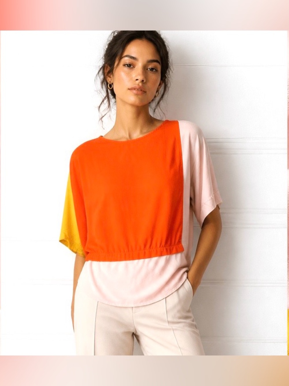 TOPSHOP Blouse Colorblock Dolman Top Pink Orange Yellow Career Lightweight